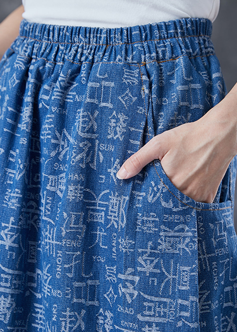 Women Blue Elastic Waist Print Denim Skirts Summer LY4038 - fabuloryshop