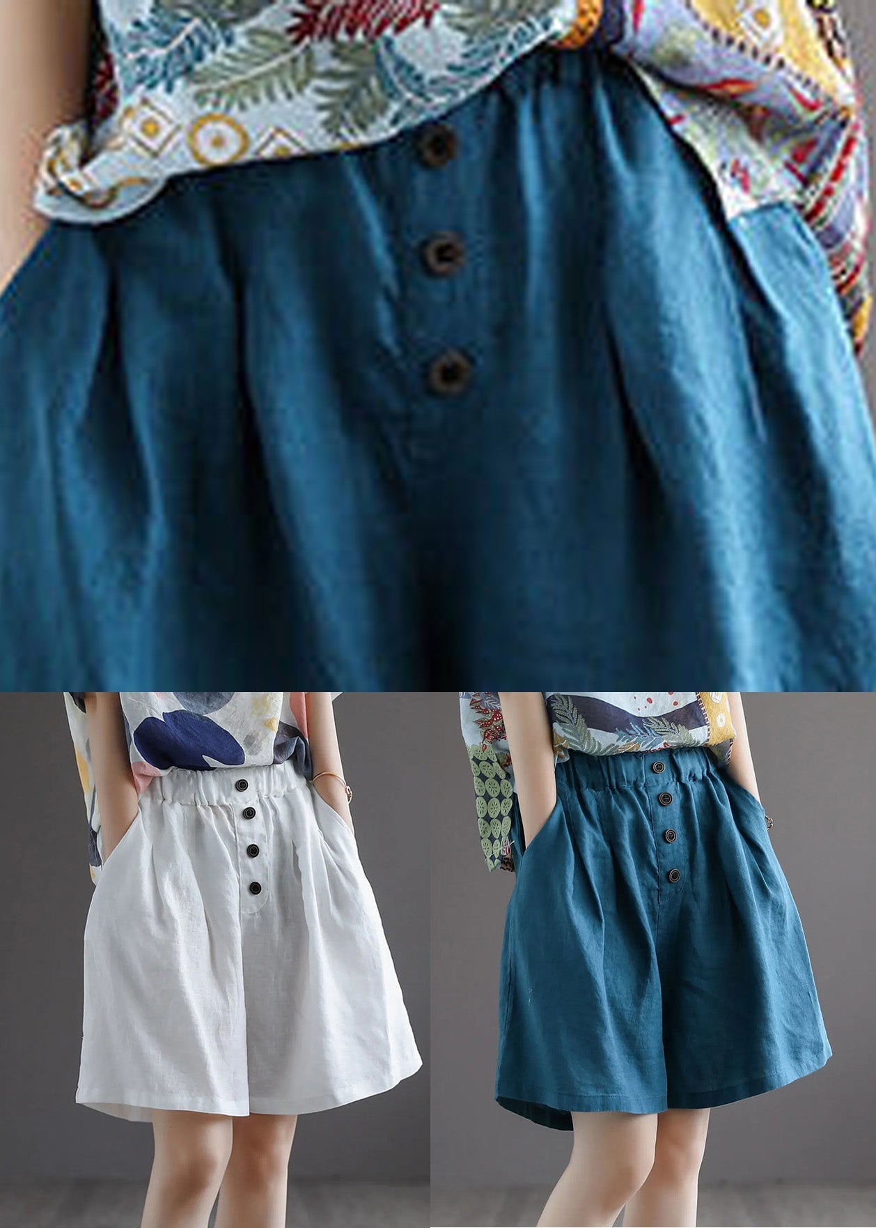 Women Blue Elastic Waist Solid Shorts Summer LY4947 - fabuloryshop