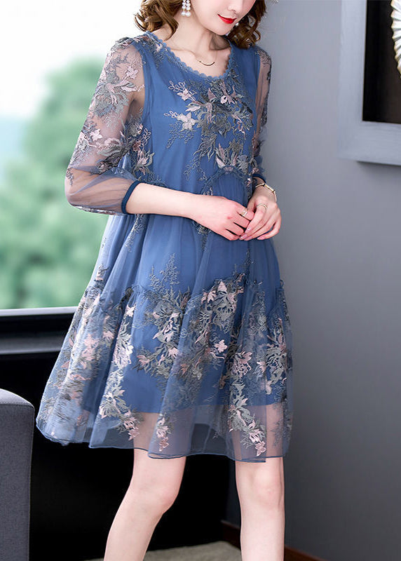 Women Blue Embroideried Patchwork Ruffled Tulle A Line Dress Summer LY0524