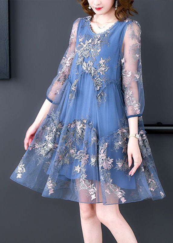 Women Blue Embroideried Patchwork Ruffled Tulle A Line Dress Summer LY0524 - fabuloryshop