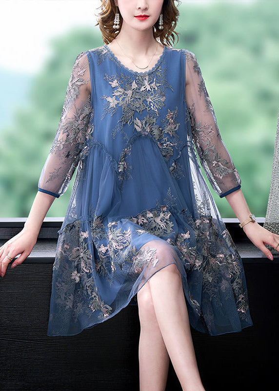 Women Blue Embroideried Patchwork Ruffled Tulle A Line Dress Summer LY0524 - fabuloryshop