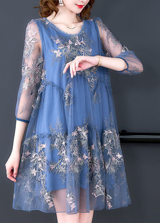 Women Blue Embroideried Patchwork Ruffled Tulle A Line Dress Summer LY0524