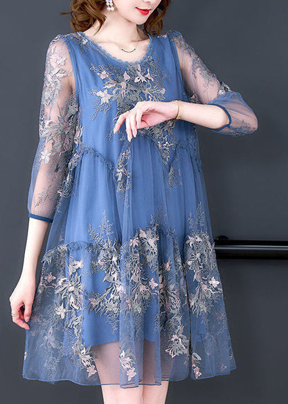 Women Blue Embroideried Patchwork Ruffled Tulle A Line Dress Summer LY0524 - fabuloryshop