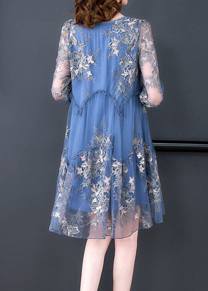 Women Blue Embroideried Patchwork Ruffled Tulle A Line Dress Summer LY0524 - fabuloryshop