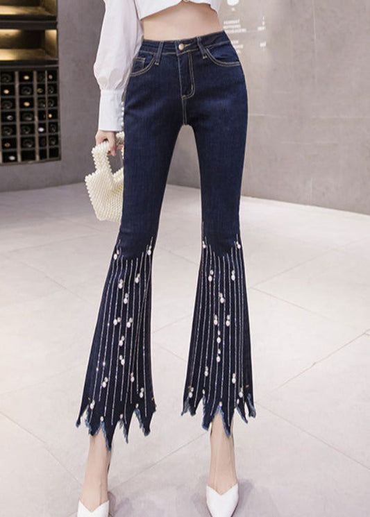 Women Blue High Waist Button Tassel Crop Jeans Spring LY0164 - fabuloryshop