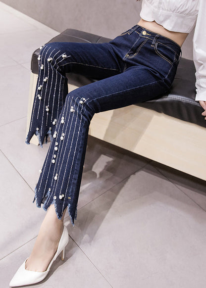 Women Blue High Waist Button Tassel Crop Jeans Spring LY0164 - fabuloryshop