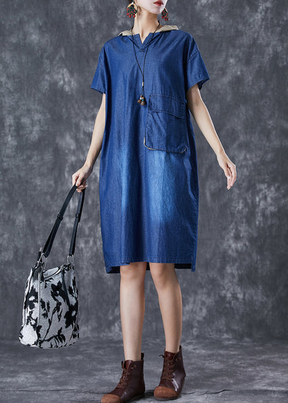 Women Blue Hooded Patchwork Pocket Denim Mid Dress Summer Ada Fashion