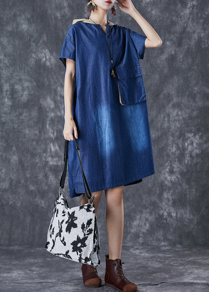 Women Blue Hooded Patchwork Pocket Denim Mid Dress Summer Ada Fashion