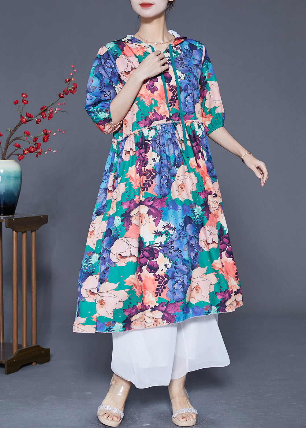 Women Blue Hooded Ruffled Print Silk Maxi Dresses Summer LY5577 - fabuloryshop