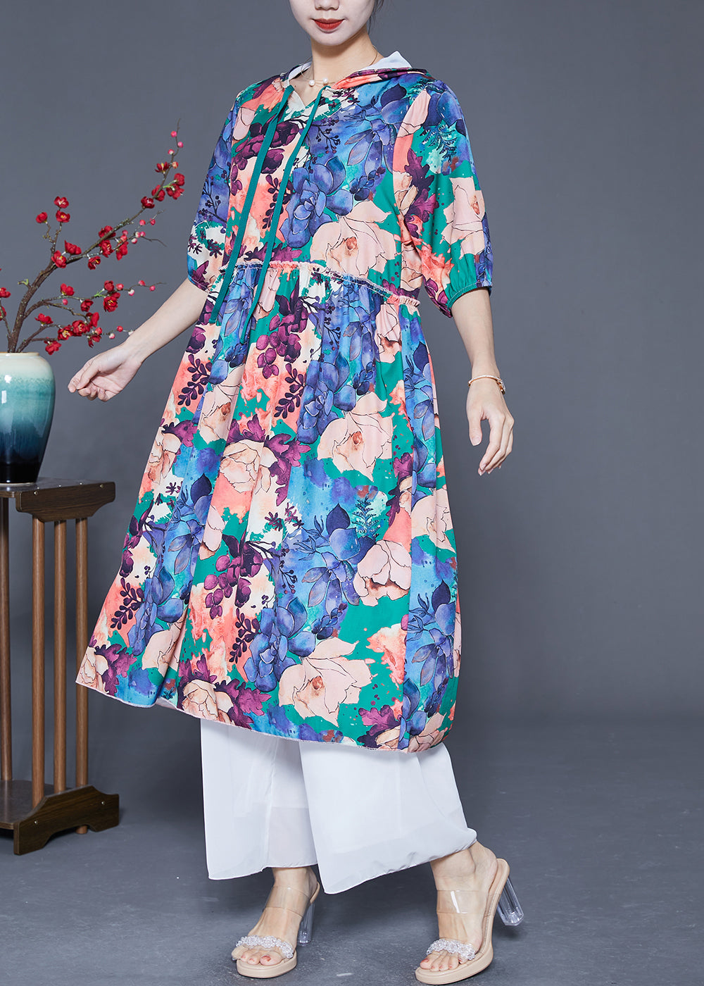 Women Blue Hooded Ruffled Print Silk Maxi Dresses Summer LY5577 - fabuloryshop