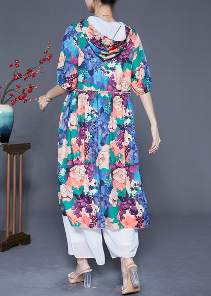 Women Blue Hooded Ruffled Print Silk Maxi Dresses Summer LY5577 - fabuloryshop