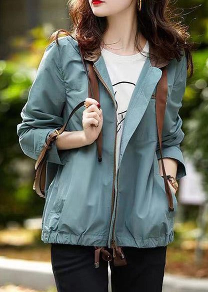 Women Blue Hooded Zippered Pockets Cotton Coat Fall Ada Fashion