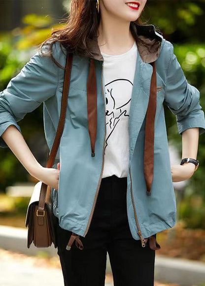 Women Blue Hooded Zippered Pockets Cotton Coat Fall Ada Fashion