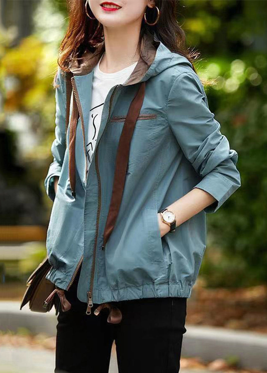 Women Blue Hooded Zippered Pockets Cotton Coat Fall Ada Fashion