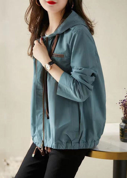 Women Blue Hooded Zippered Pockets Cotton Coat Fall Ada Fashion