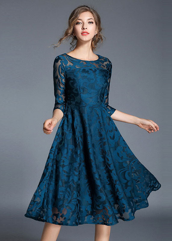 Women Blue Jacquard Wrinkled Patchwork Lace Mid Dress Summer LY7387 - fabuloryshop