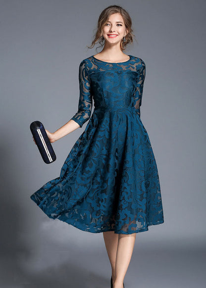 Women Blue Jacquard Wrinkled Patchwork Lace Mid Dress Summer LY7387 - fabuloryshop