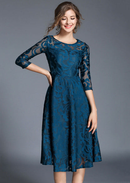 Women Blue Jacquard Wrinkled Patchwork Lace Mid Dress Summer LY7387 - fabuloryshop