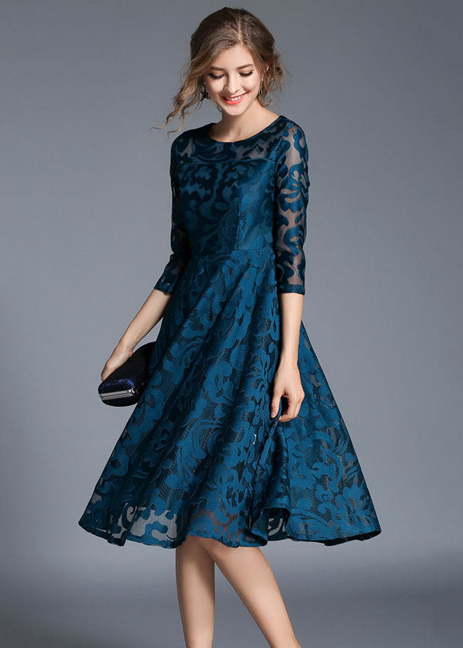 Women Blue Jacquard Wrinkled Patchwork Lace Mid Dress Summer LY7387 - fabuloryshop