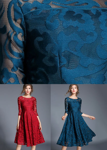 Women Blue Jacquard Wrinkled Patchwork Lace Mid Dress Summer LY7387 - fabuloryshop