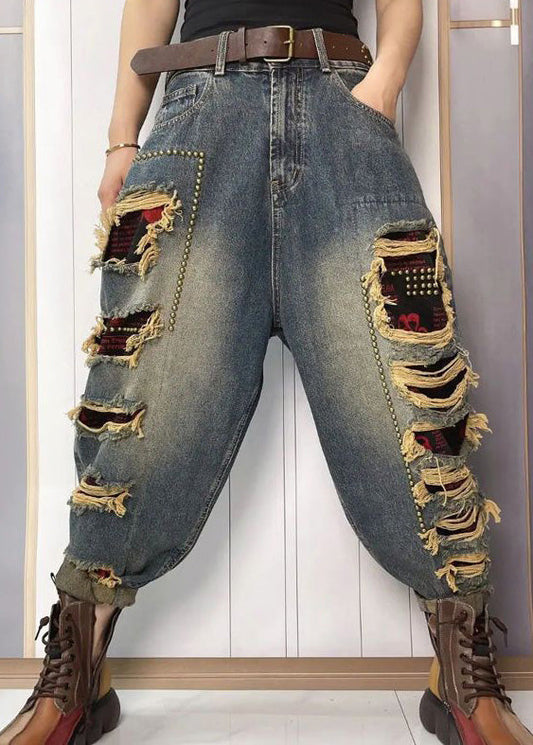 Women Blue Nail Bead Patchwork Sashes High Waist Ripped Jeans Summer TY1048 - fabuloryshop