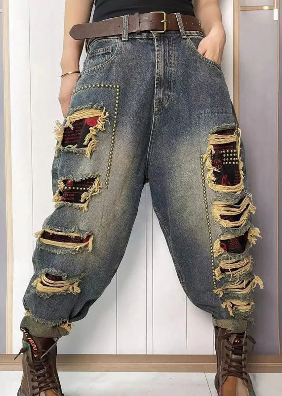 Women Blue Nail Bead Patchwork Sashes High Waist Ripped Jeans Summer TY1048