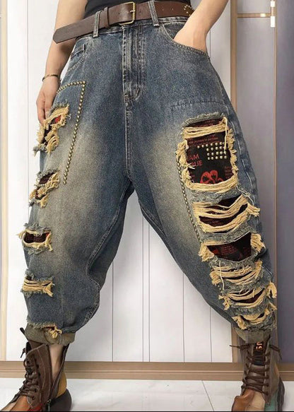 Women Blue Nail Bead Patchwork Sashes High Waist Ripped Jeans Summer TY1048 - fabuloryshop