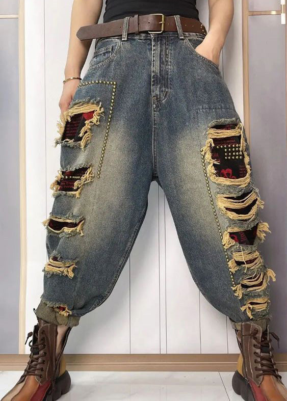 Women Blue Nail Bead Patchwork Sashes High Waist Ripped Jeans Summer TY1048 - fabuloryshop