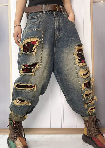 Women Blue Nail Bead Patchwork Sashes High Waist Ripped Jeans Summer TY1048 - fabuloryshop