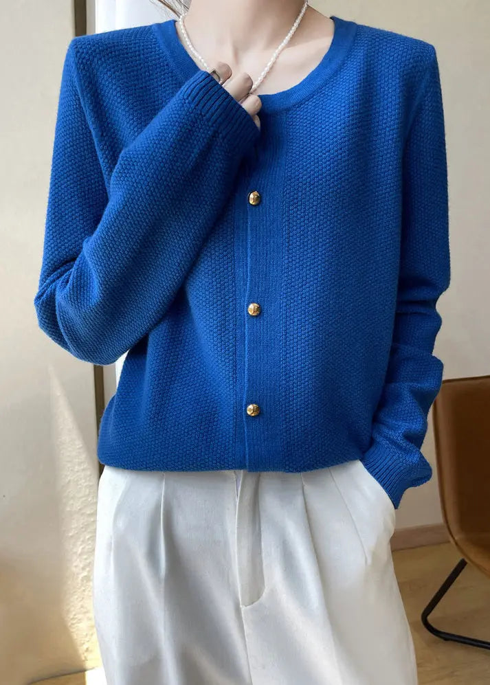 Women Blue O Neck Button Patchwork Cotton Knit Coats Fall Ada Fashion