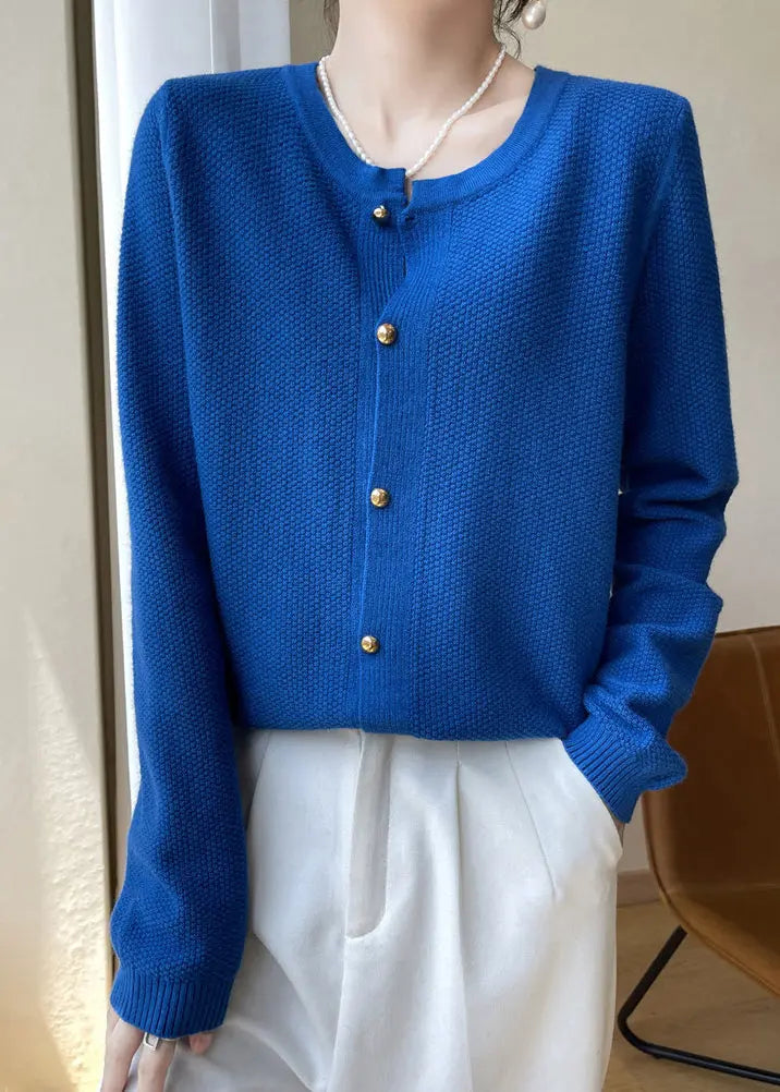 Women Blue O Neck Button Patchwork Cotton Knit Coats Fall Ada Fashion