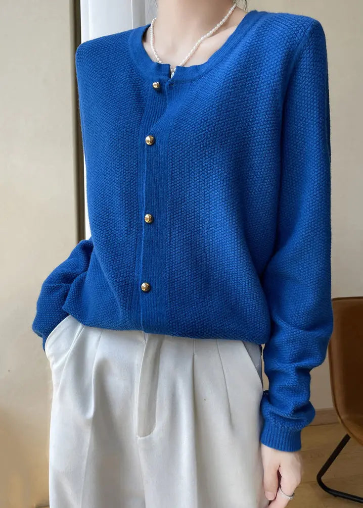 Women Blue O Neck Button Patchwork Cotton Knit Coats Fall Ada Fashion