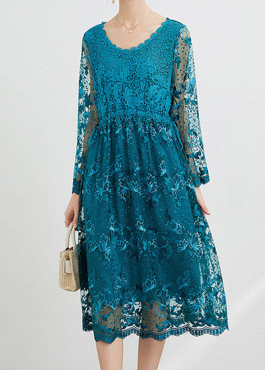 Women Blue O Neck Embroideried Patchwork Long Dresses Spring LY0004 - fabuloryshop