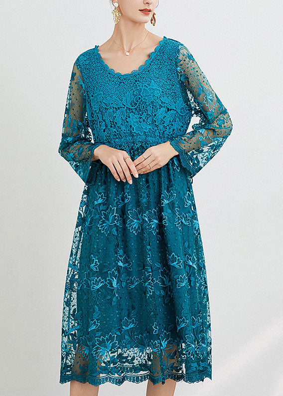 Women Blue O Neck Embroideried Patchwork Long Dresses Spring LY0004 - fabuloryshop