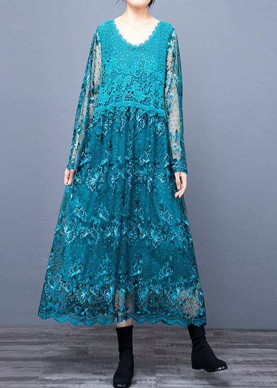 Women Blue O Neck Embroideried Patchwork Long Dresses Spring LY0004 - fabuloryshop