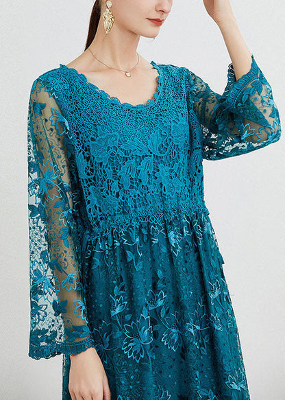 Women Blue O Neck Embroideried Patchwork Long Dresses Spring LY0004 - fabuloryshop