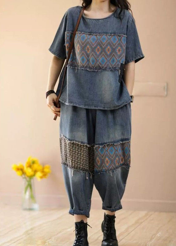 Women Blue O-Neck Patchwork Tops And Pants Denim Two Pieces Set Summer LY4067 - fabuloryshop