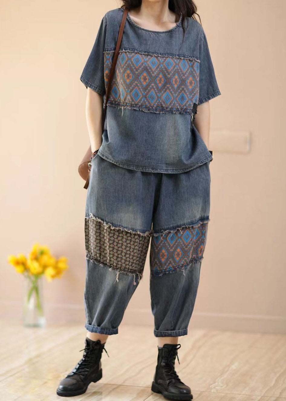 Women Blue O-Neck Patchwork Tops And Pants Denim Two Pieces Set Summer LY4067 - fabuloryshop