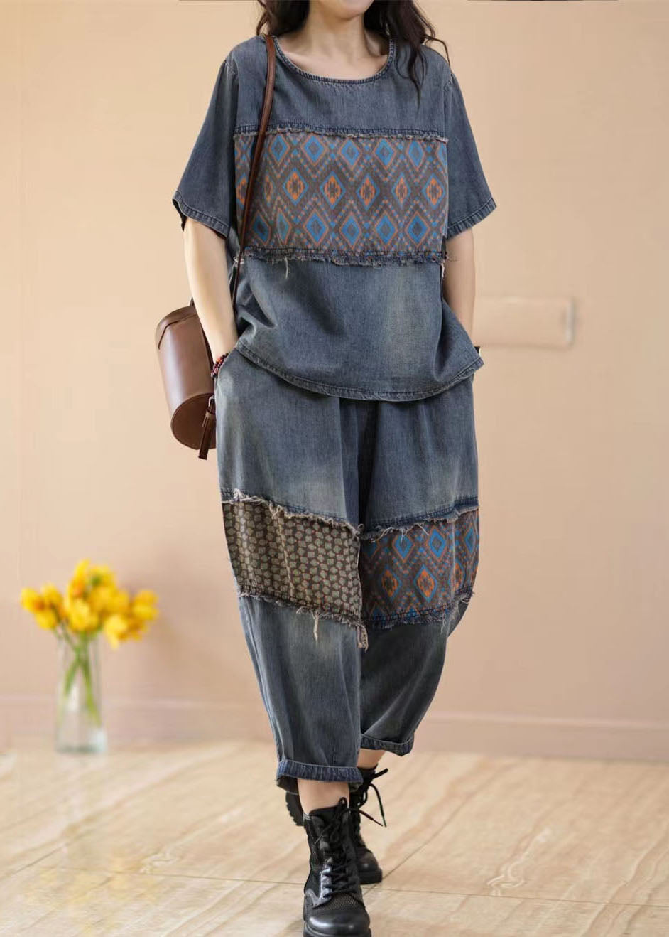 Women Blue O-Neck Patchwork Tops And Pants Denim Two Pieces Set Summer LY4067 - fabuloryshop