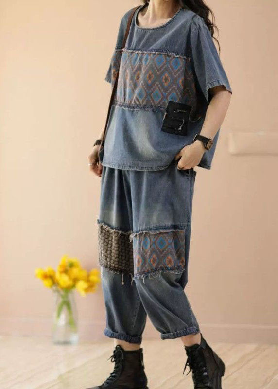 Women Blue O-Neck Patchwork Tops And Pants Denim Two Pieces Set Summer LY4067 - fabuloryshop