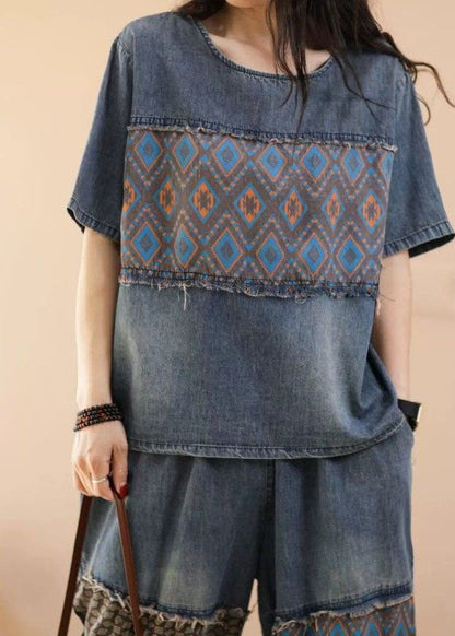 Women Blue O-Neck Patchwork Tops And Pants Denim Two Pieces Set Summer LY4067 - fabuloryshop