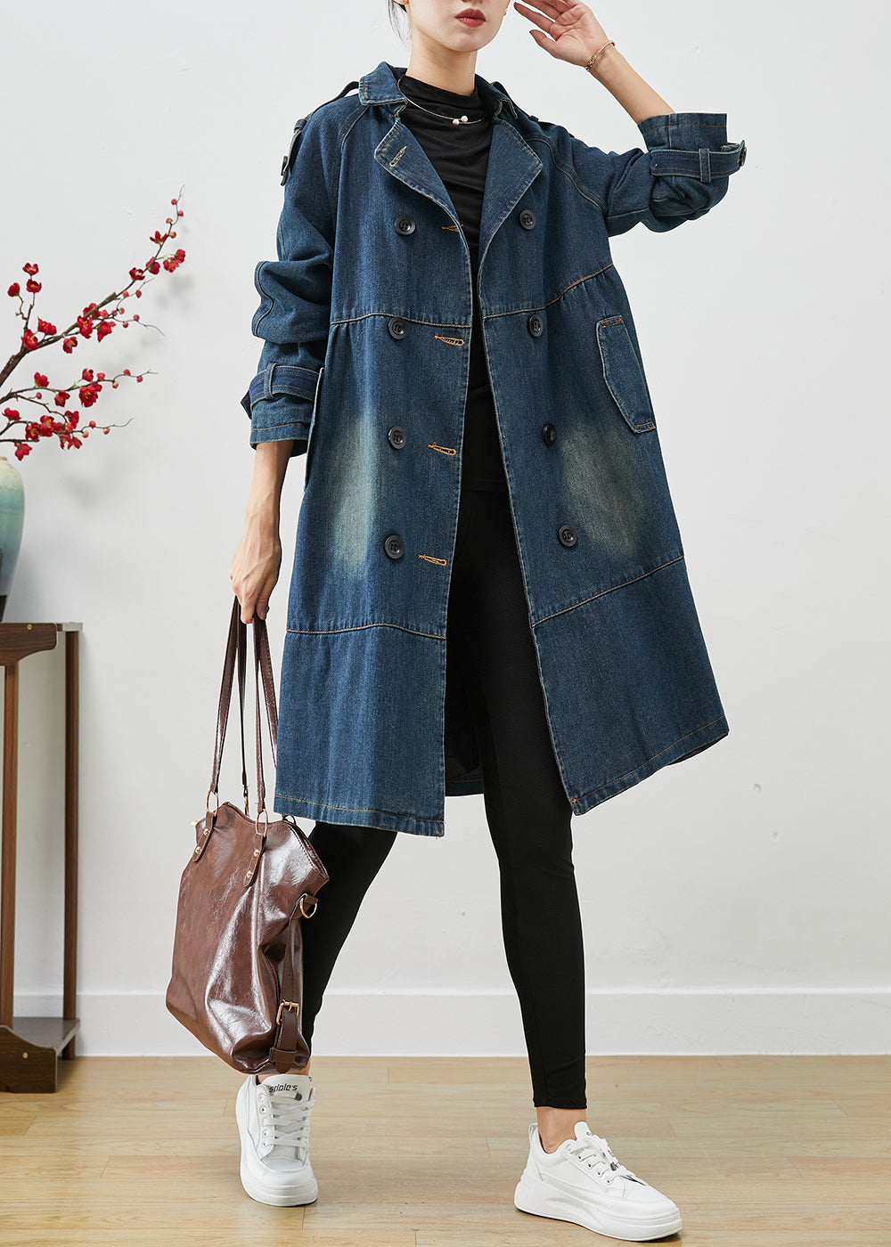 Women Blue Oversized Double Breast Denim Trench Coats Fall Ada Fashion