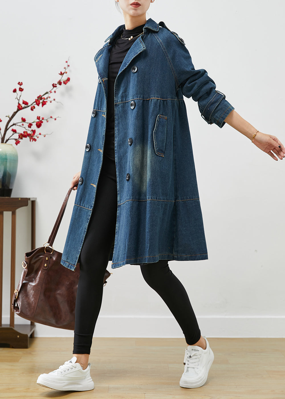 Women Blue Oversized Double Breast Denim Trench Coats Fall Ada Fashion