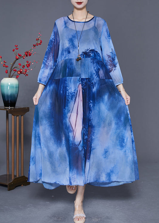 Women Blue Oversized Patchwork Tie Dye Chiffon Maxi Dresses Summer LY5377 - fabuloryshop