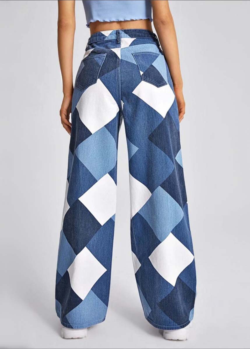 Women Blue Oversized Plaid Denim Straight Pants Summer LY4017 - fabuloryshop