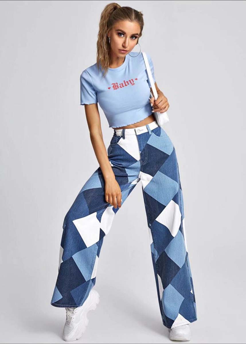 Women Blue Oversized Plaid Denim Straight Pants Summer LY4017 - fabuloryshop