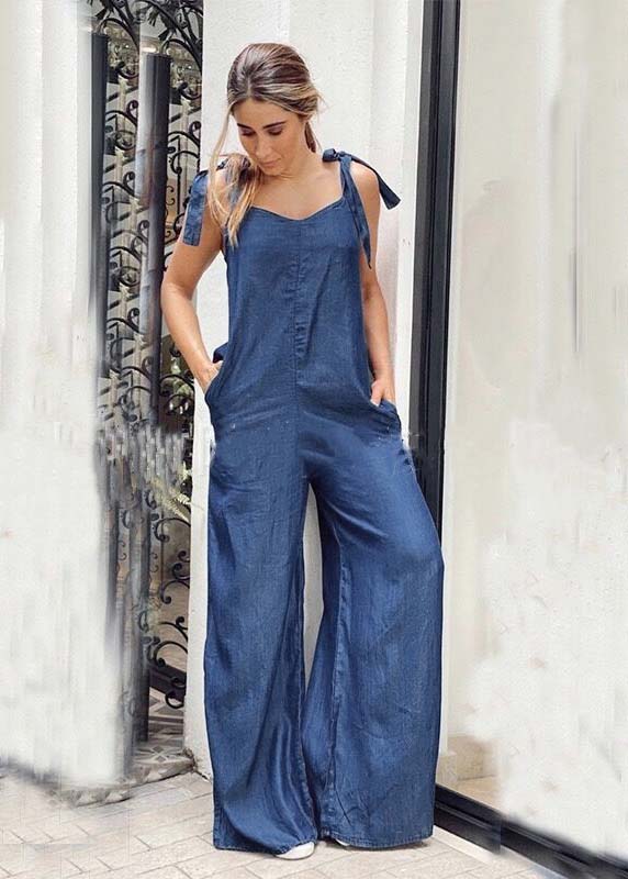 Women Blue Oversized Pockets Denim Wide Leg Jumpsuit Summer LY4021 - fabuloryshop