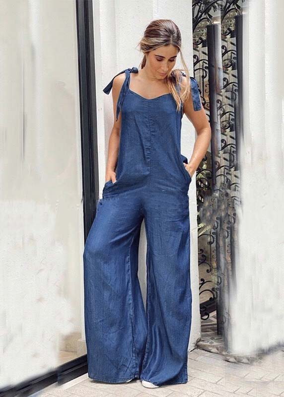 Women Blue Oversized Pockets Denim Wide Leg Jumpsuit Summer LY4021 - fabuloryshop