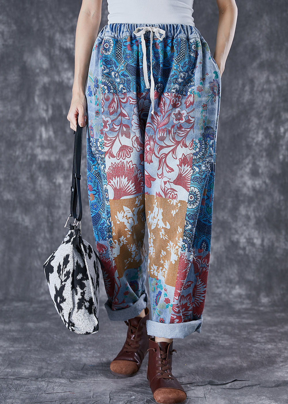 Women Blue Oversized Print Denim Harem Pants Fall TD1046 - fabuloryshop