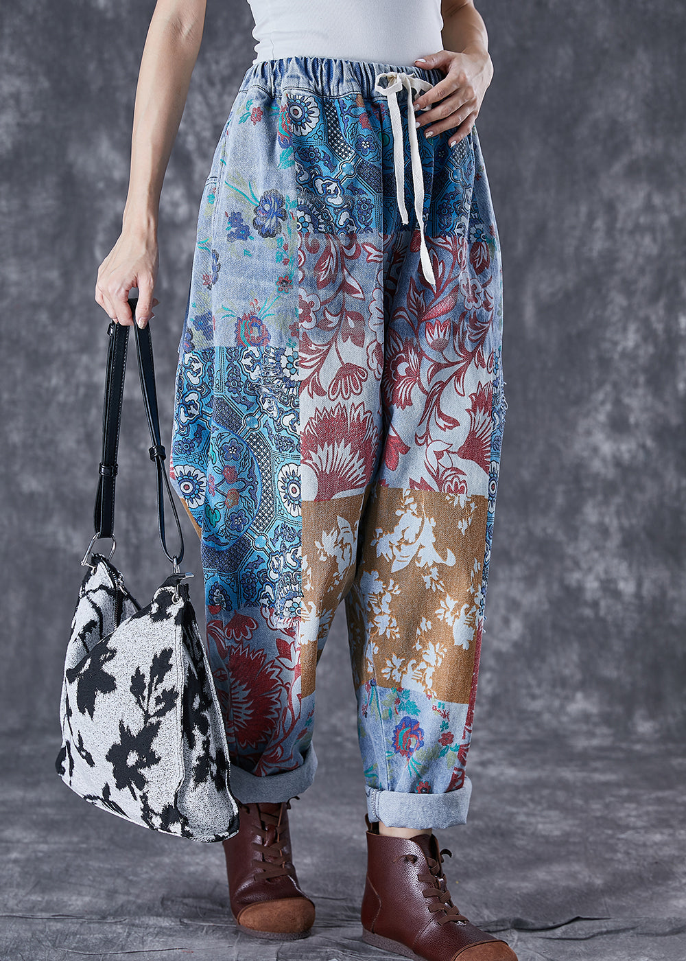 Women Blue Oversized Print Denim Harem Pants Fall TD1046 - fabuloryshop